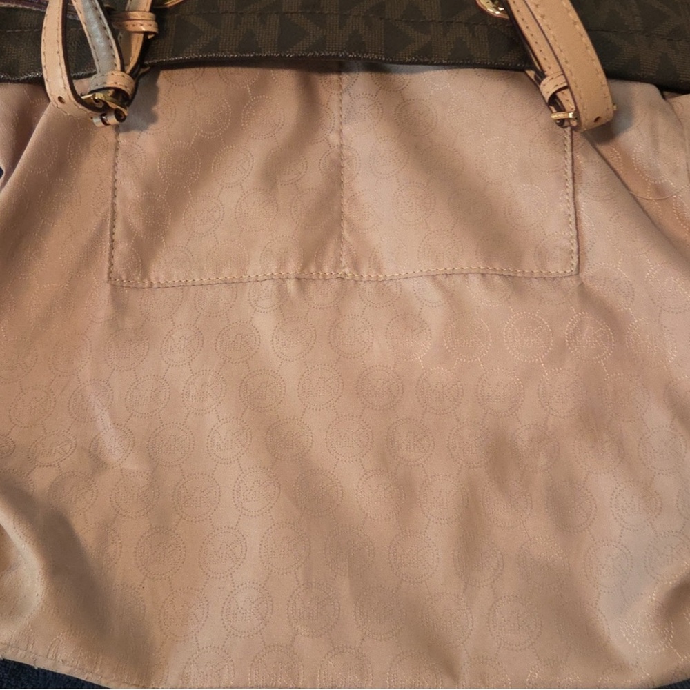 Michael Kors Signature Monogram Leather Jet Set Tote Brown Shoulder Bag Large - Picture 8 of 12